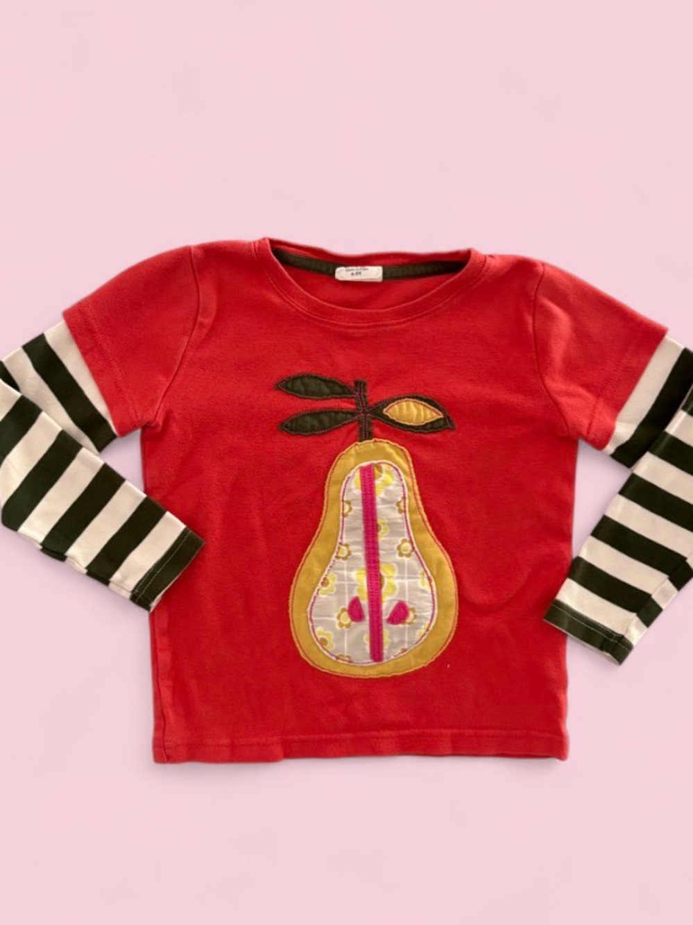 Mini Boden Girls Orange & Green Pear Appliqué Layered-Look Shirt Size 4–5y